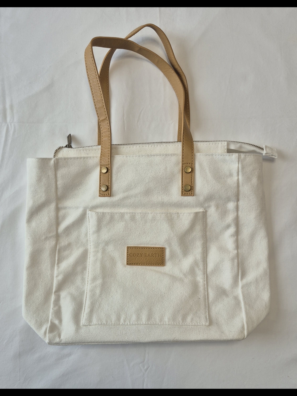 Cozy Earth White Canvas Tote with Tan Handles - Picture 2 of 10